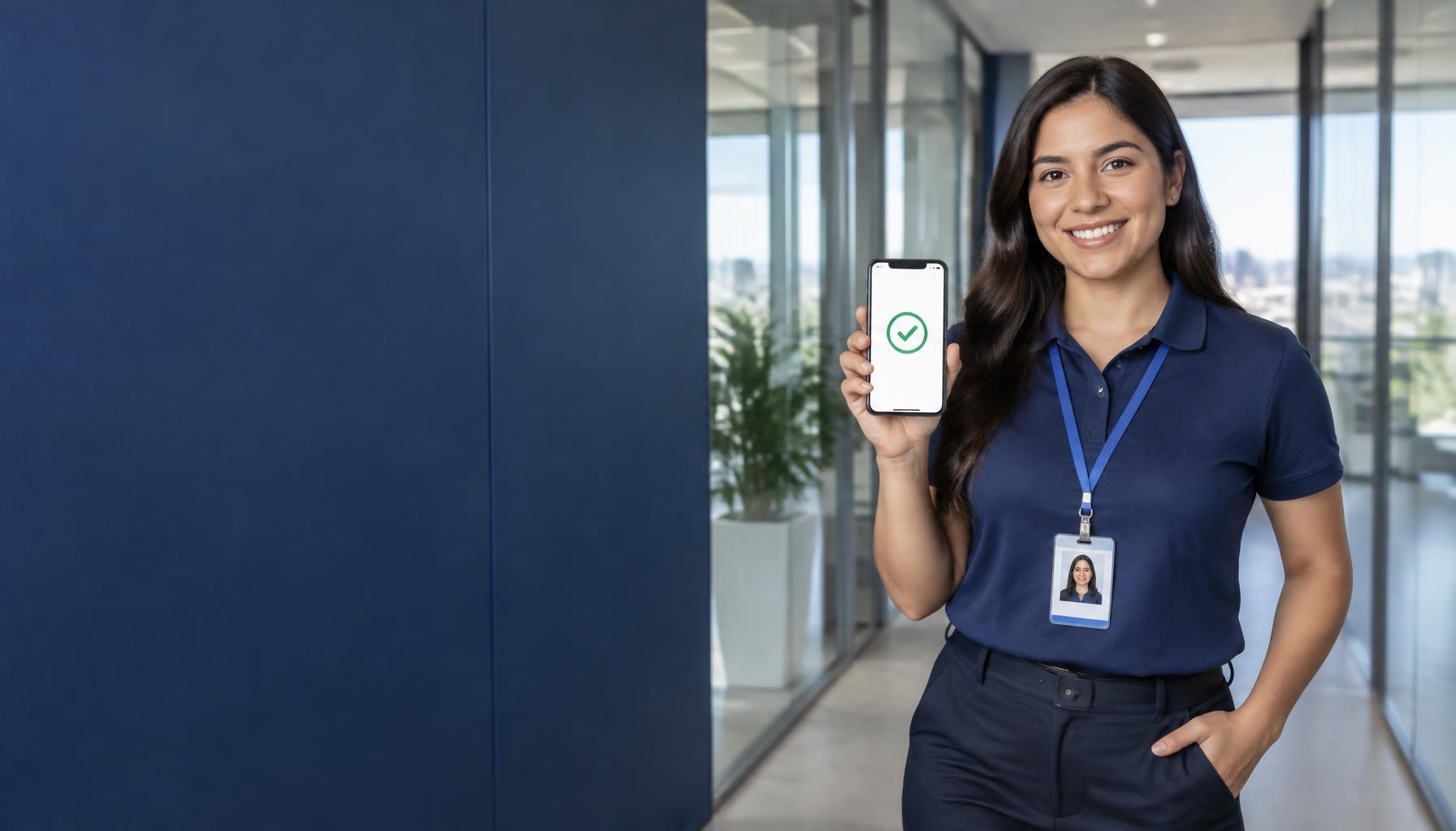 Profesional mostrando su identidad digital y su fotocheck corporativo